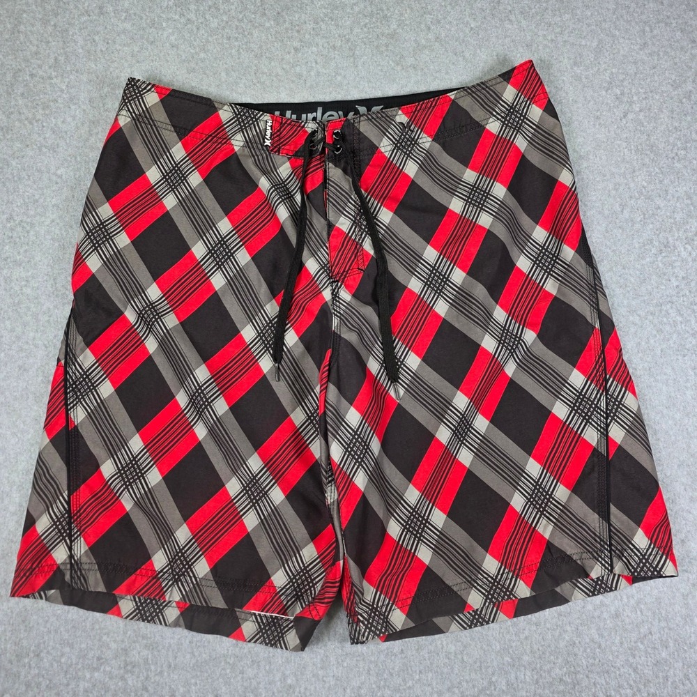 Hurley Swim‎ Trunks Board Shorts Men's XL Plaid Gray Red Black Drawstring